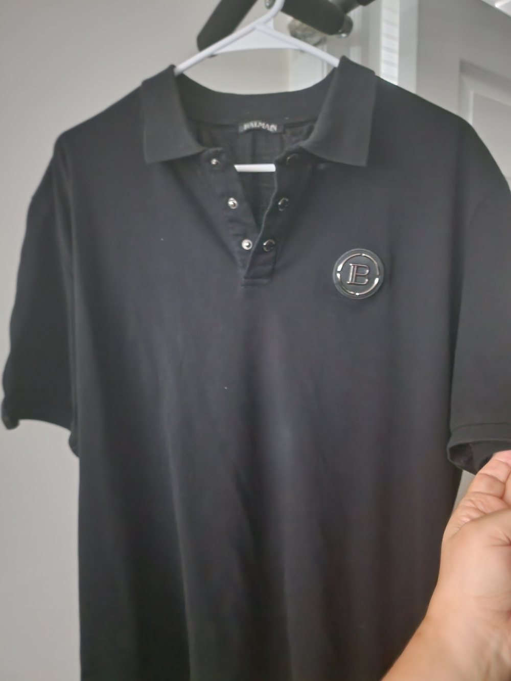 Authentic Balmain Black Men’s Short-Sleeve Polo with Raised Emblem. M-XL